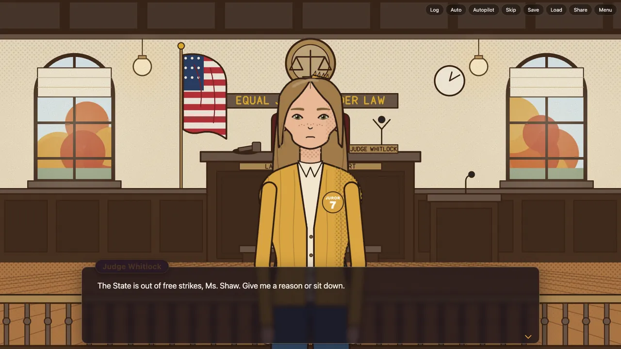 Juror Seven in a mustard cardigan with a Juror 7 sticker, standing before the bench as Judge Whitlock speaks