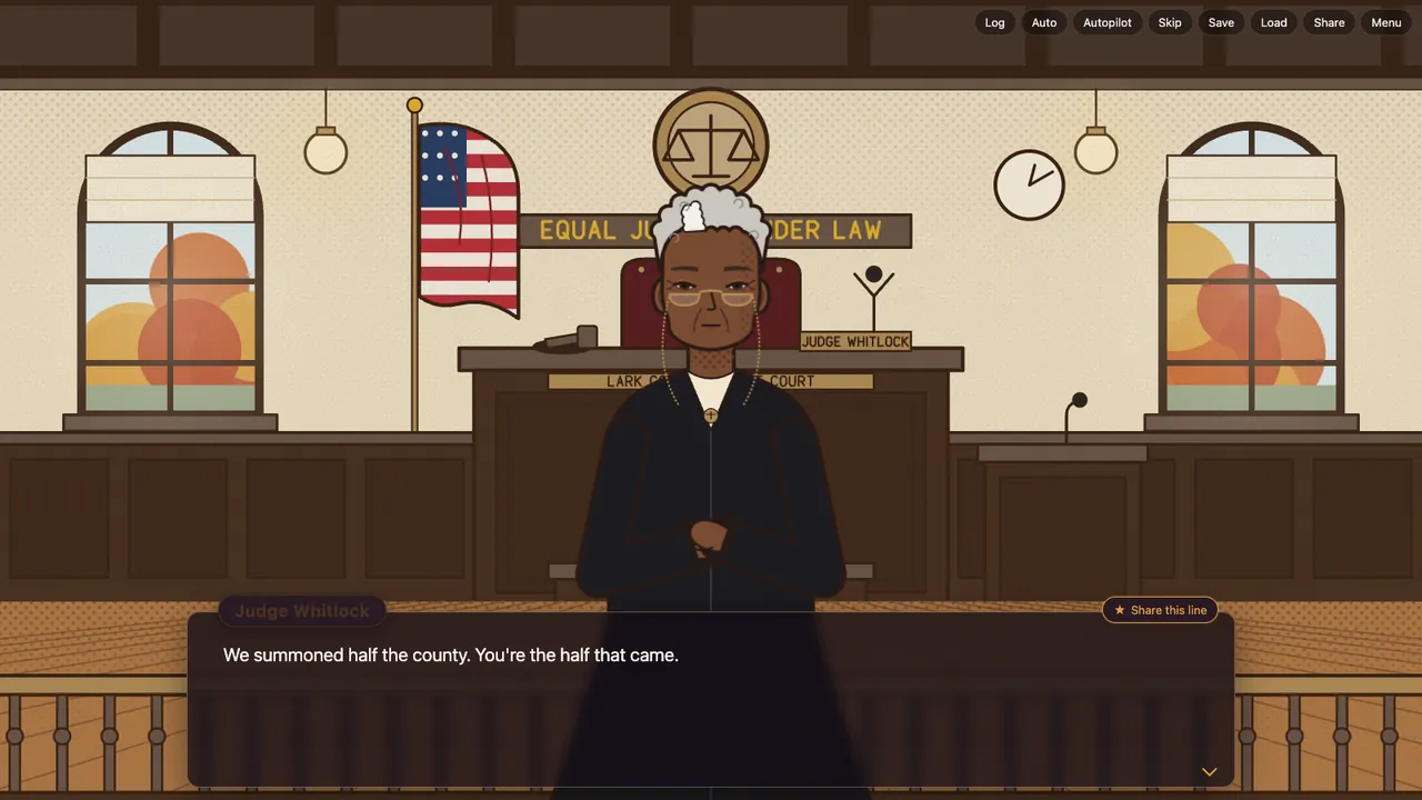 Judge Whitlock in her black robe at the bench of a small-town courtroom, under the scales of justice and an American flag