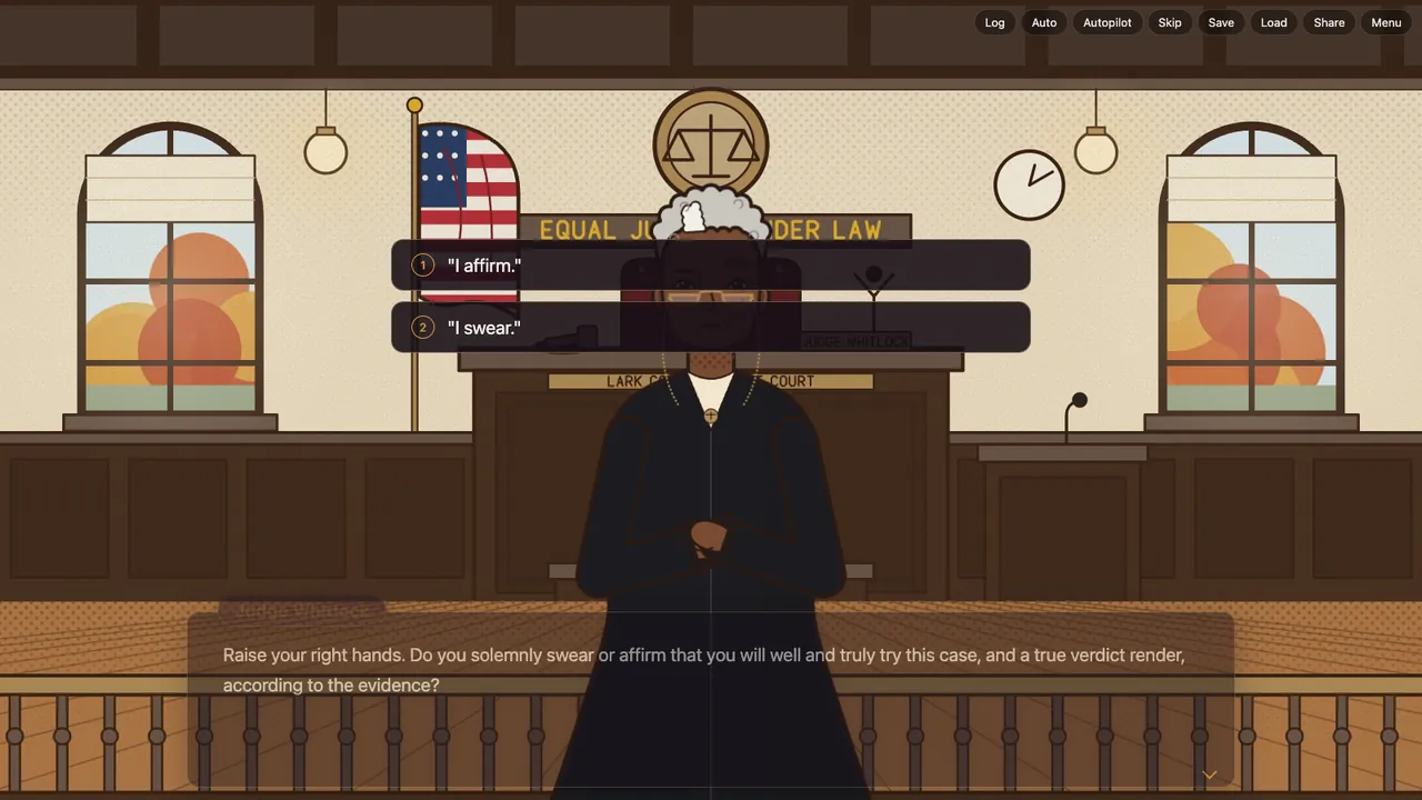 Judge Whitlock reading the jurors’ oath, with two answers to pick from: I affirm and I swear