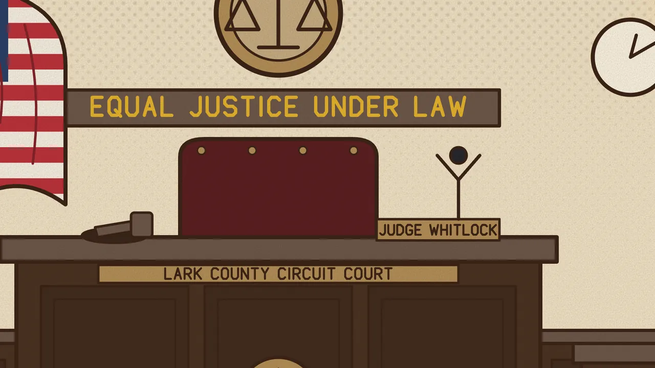 Close-up of a courtroom: a dark wooden judge’s bench with a gavel, a maroon leather chair, a nameplate reading JUDGE WHITLOCK and a plaque reading LARK COUNTY CIRCUIT COURT, a sign above reading EQUAL JUSTICE UNDER LAW in gold letters, a round seal with scales, part of a flag and a wall clock, the cream wall covered in a fine pattern of dots