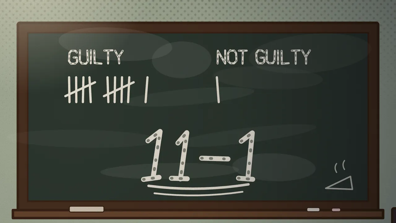 A green chalkboard in a brown wooden frame on a dotted gray-green wall, GUILTY and NOT GUILTY written in chalk at the top, eleven tally marks under GUILTY and one under NOT GUILTY, a large 11–1 underlined twice in the middle, a small chalk doodle of a steaming slice of pie in the corner and pieces of chalk on the ledge