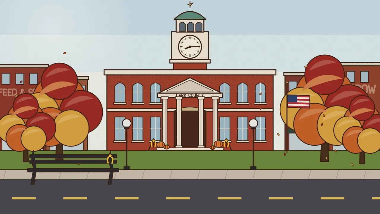 A red-brick county courthouse with a white portico, four columns and a clock tower under a green dome, the clock at a quarter past eight, maples in red, rust and mustard on both sides, a small American flag off to the right, pumpkins and yellow ribbons on the steps, two street lamps and an iron bench by an empty street