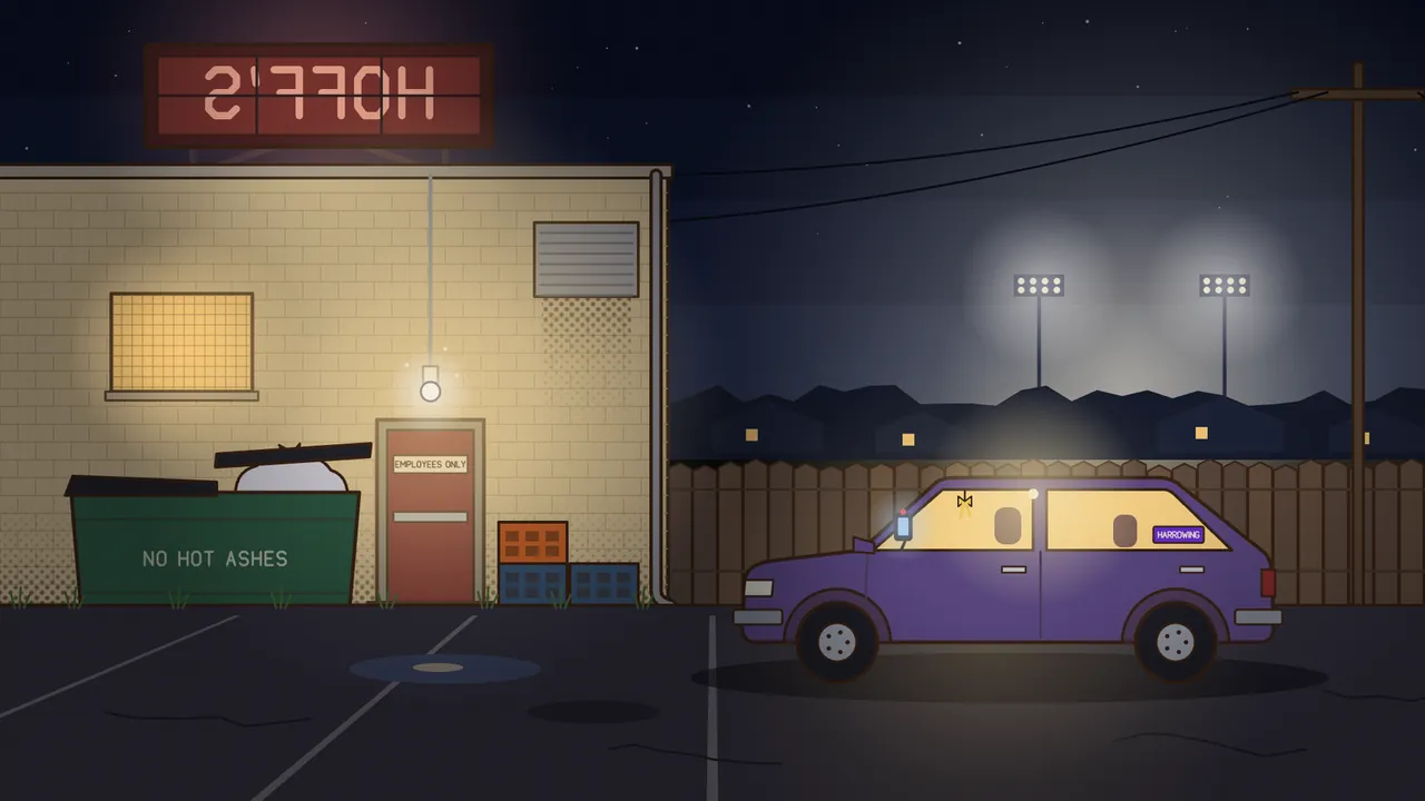 Night behind a small diner: a pale painted block wall with a lit kitchen window, a steel door marked EMPLOYEES ONLY under a single bare bulb, a green dumpster reading NO HOT ASHES and crates of empties, a red sign on the roof showing HOFF’S backwards, a purple hatchback with its dome light on by a board fence, and two banks of stadium lights glowing over the roofs beyond