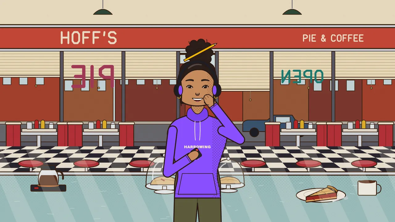 Paloma, a young woman with curly hair in a bun, a pencil stuck in it and purple headphones, smiles in a purple HARROWING hoodie, holding a small recorder, in front of the counter at Hoff’s diner with a red HOFF’S PIE & COFFEE sign, checkered floor, red stools, pies under glass domes and a slice of cherry pie
