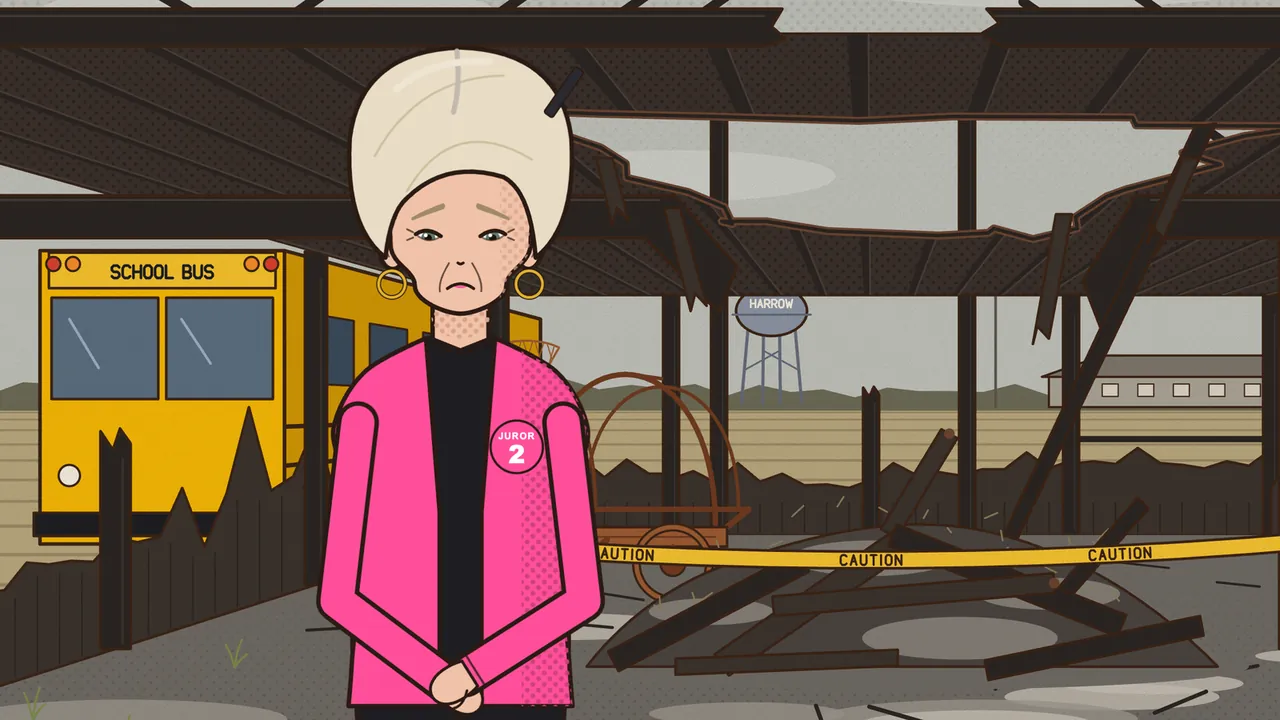The burned barn: Brenda Kowalski, juror 2, an older woman with a tall cream beehive held by a hairpin, gold hoop earrings and a sad, tired face, stands on the left in a hot pink cardigan over a black top, with a round pink JUROR 2 badge and her hands clasped in front of her; behind her a yellow school bus is parked by a charred fence, black beams and a broken tin roof hang overhead, yellow caution tape runs across a heap of burned boards next to an old rusty farm cart, and the HARROW water tower and a long low building stand on the flat fields in the distance