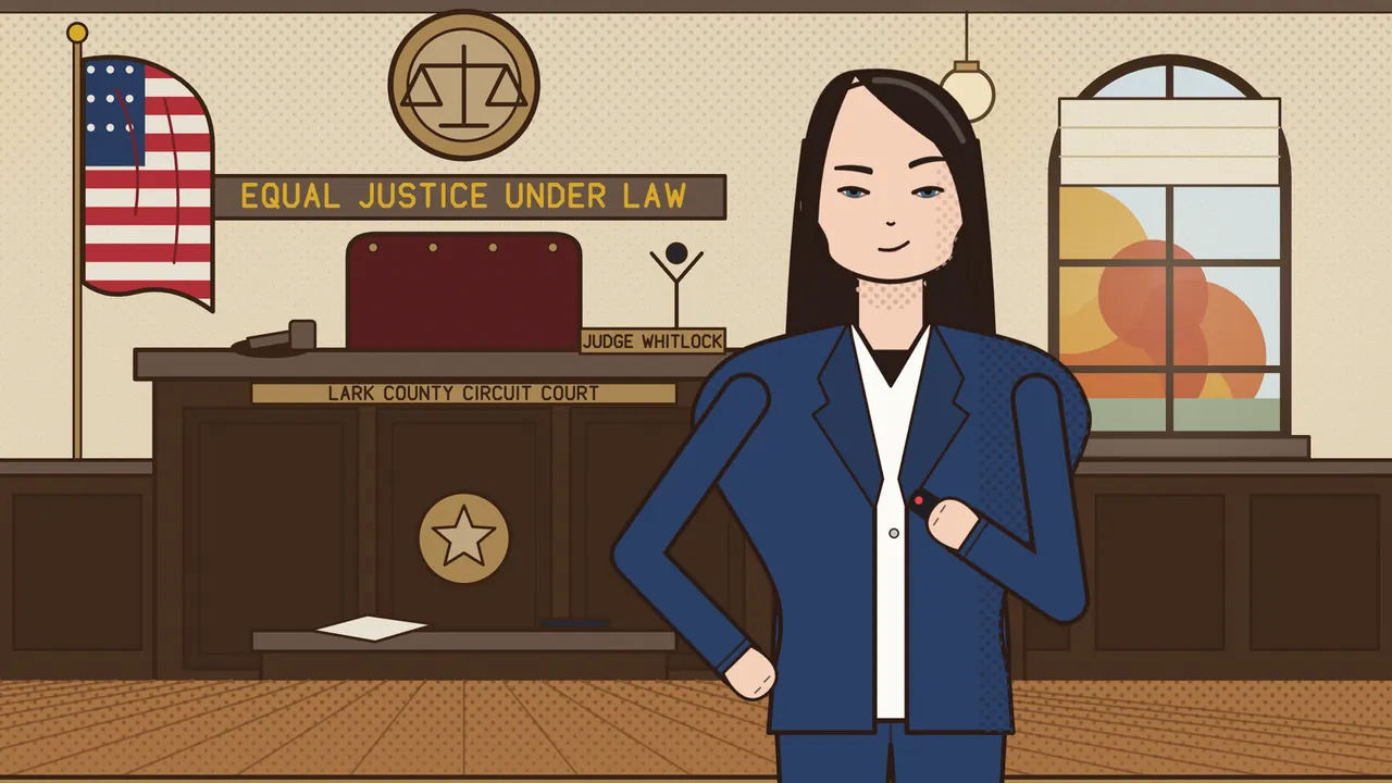 The Lark County courtroom: Brittany Shaw, the prosecutor, with long sleek black hair and a pleased little smile, stands on the right in a navy blazer and trousers over a white shirt, one hand on her hip and the other holding a small black clicker with a red button; behind her are the judge’s bench with a dark red chair, a gavel and a nameplate reading JUDGE WHITLOCK, a LARK COUNTY CIRCUIT COURT sign with a gold star below it, a round seal with the scales of justice, an EQUAL JUSTICE UNDER LAW sign, an American flag on a pole on the left and a tall arched window with orange and yellow autumn trees on the right