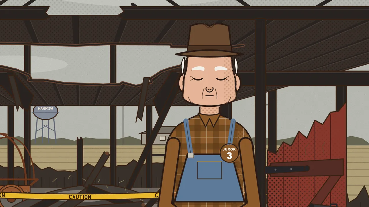 The burned barn, up close: Earl Becker, juror 3, an old man in a brown felt hat with white hair at the sides and bushy white eyebrows, stands with his eyes closed as he breathes in, in a brown plaid shirt and blue overalls with a round brown JUROR 3 badge; behind him are black beams, a torn tin roof and a gray sky, the HARROW water tower and a small house on the flat fields on the left, yellow caution tape across the charred boards below and the broken red barn door on the right