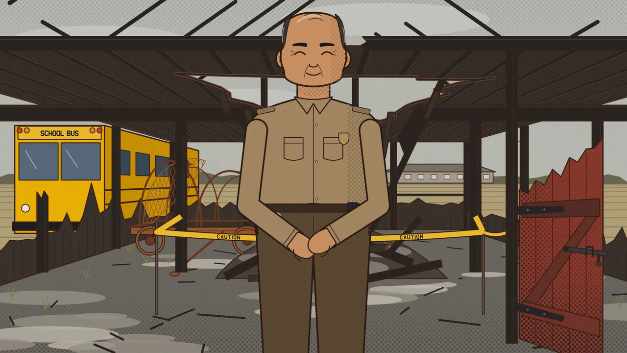 The burned barn on the jury view: Ray the bailiff, a tall man in a khaki uniform shirt with epaulets, two pockets and a gold shield badge, brown trousers and a belt, stands in the middle with his hands clasped and his eyes closed in a smile; around him are black beams and a torn tin roof open to a gray sky, yellow caution tape strung across a heap of charred boards, an old rusty farm cart, a yellow school bus parked on the left, a half-burned red barn door hanging open on the right and a long low building on the flat fields beyond