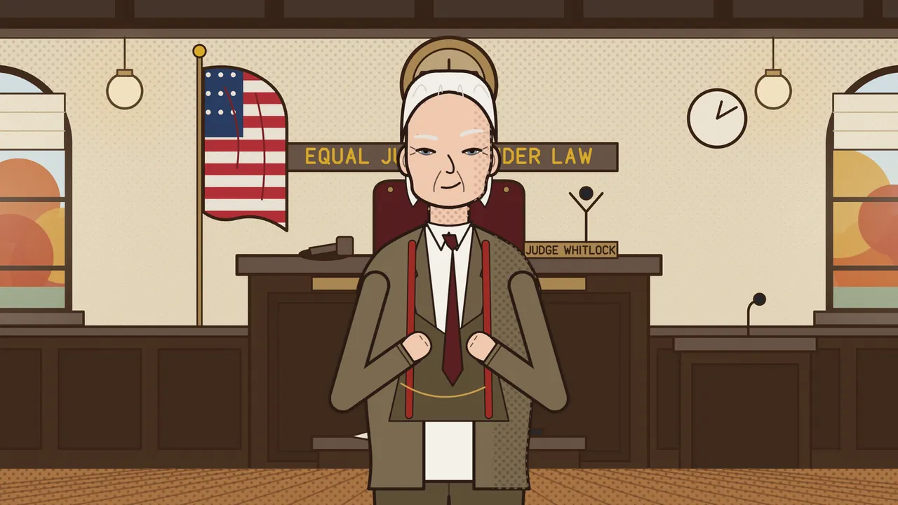 The Lark County courtroom: Walt Pruitt, the defense lawyer, an old man with white hair combed straight back, white eyebrows and a sly half smile, stands in the middle holding a pair of dark red braces, in a brown jacket over a white shirt and a dark red tie, with a thin gold chain across his front; behind him are the judge’s bench with a dark red chair, a gavel and a JUDGE WHITLOCK nameplate, an EQUAL JUSTICE UNDER LAW sign, an American flag on a pole, a round wall clock, two hanging lamps and arched windows with orange autumn trees on both sides
