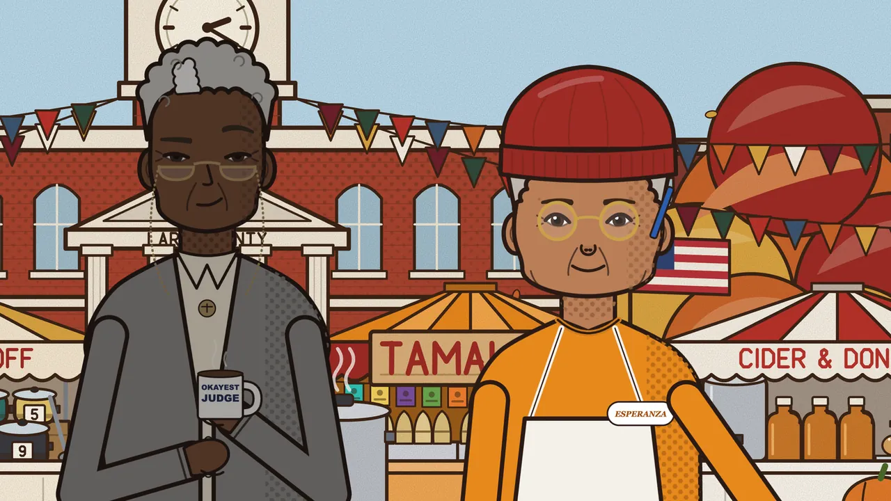 Two women at the tamales tent on the festival square, drawn large: on the left, Judge Whitlock, an older woman with short curly gray hair, gold reading glasses on a chain, a gray cardigan and a white collar, holds a steaming mug that reads OKAYEST JUDGE; on the right, Esperanza, a small elderly woman in a red knit cap, big round gold glasses and an orange sweater with a white apron and a name badge reading ESPERANZA, smiles at her; behind them are the brick county courthouse with its clock tower, strings of red, green and gold pennants, the orange and yellow tamales tent with its sign, a cider and donuts stand with orange jugs, an American flag and round autumn trees