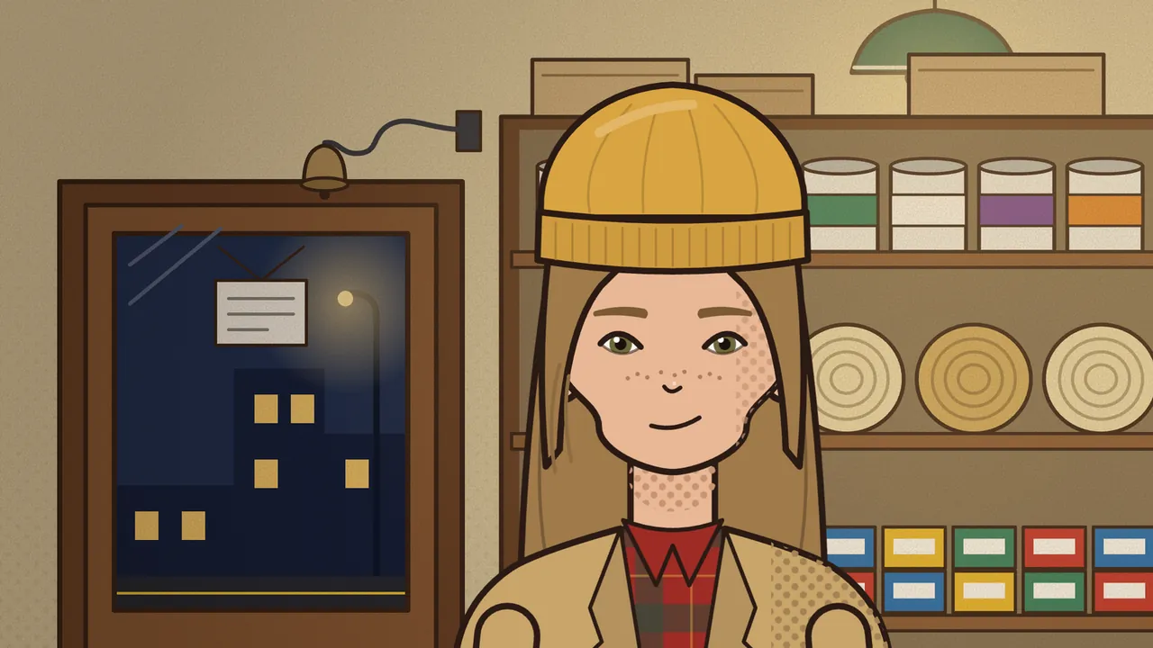 Juror Seven, drawn large in the middle, with long light brown hair, freckles and green eyes, in a mustard knit cap, a tan jacket and a red plaid shirt, smiles inside Méndez Hardware at night; behind them on the left is the store’s wooden front door with a small brass bell on a curly spring arm above it and a dark street with lit windows and a lamppost in its glass, and on the right a tall wooden shelf holds paint cans with green, purple and orange bands, coils of rope and rows of small red, yellow, green and blue boxes of parts, under a green enamel lamp and stacked cardboard boxes