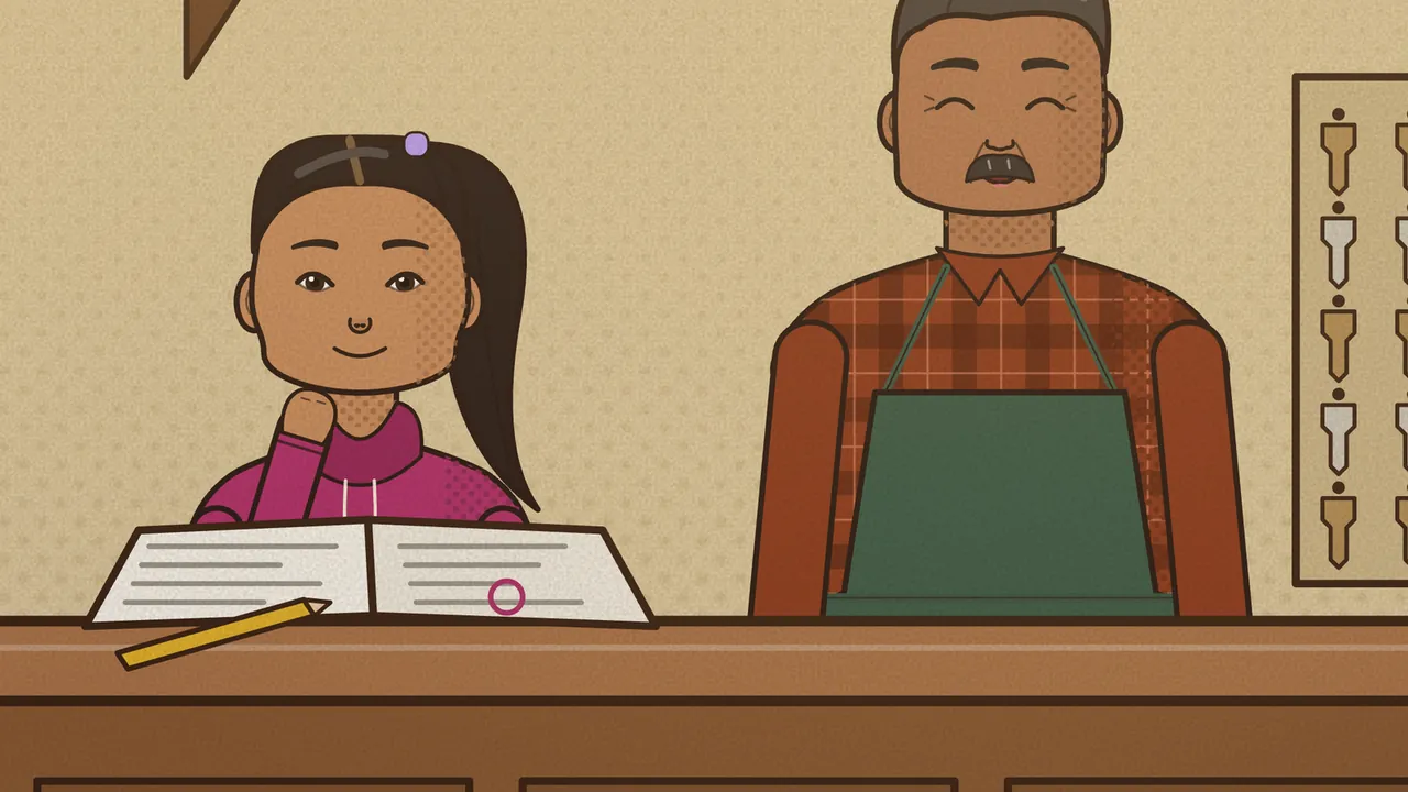 A close view behind the counter of Méndez Hardware: on the left, Ximena, a fourteen-year-old girl with a long dark ponytail and a purple clip in her hair, in a pink hoodie, rests her chin on her hand and smiles over an open textbook with a yellow pencil beside it; on the right, her dad Rogelio, a broad man with short gray hair and a salt-and-pepper mustache, in a red plaid flannel shirt and a green store apron, grins with his eyes squeezed shut, and a board of hanging keys shows at the right edge above the long wooden counter