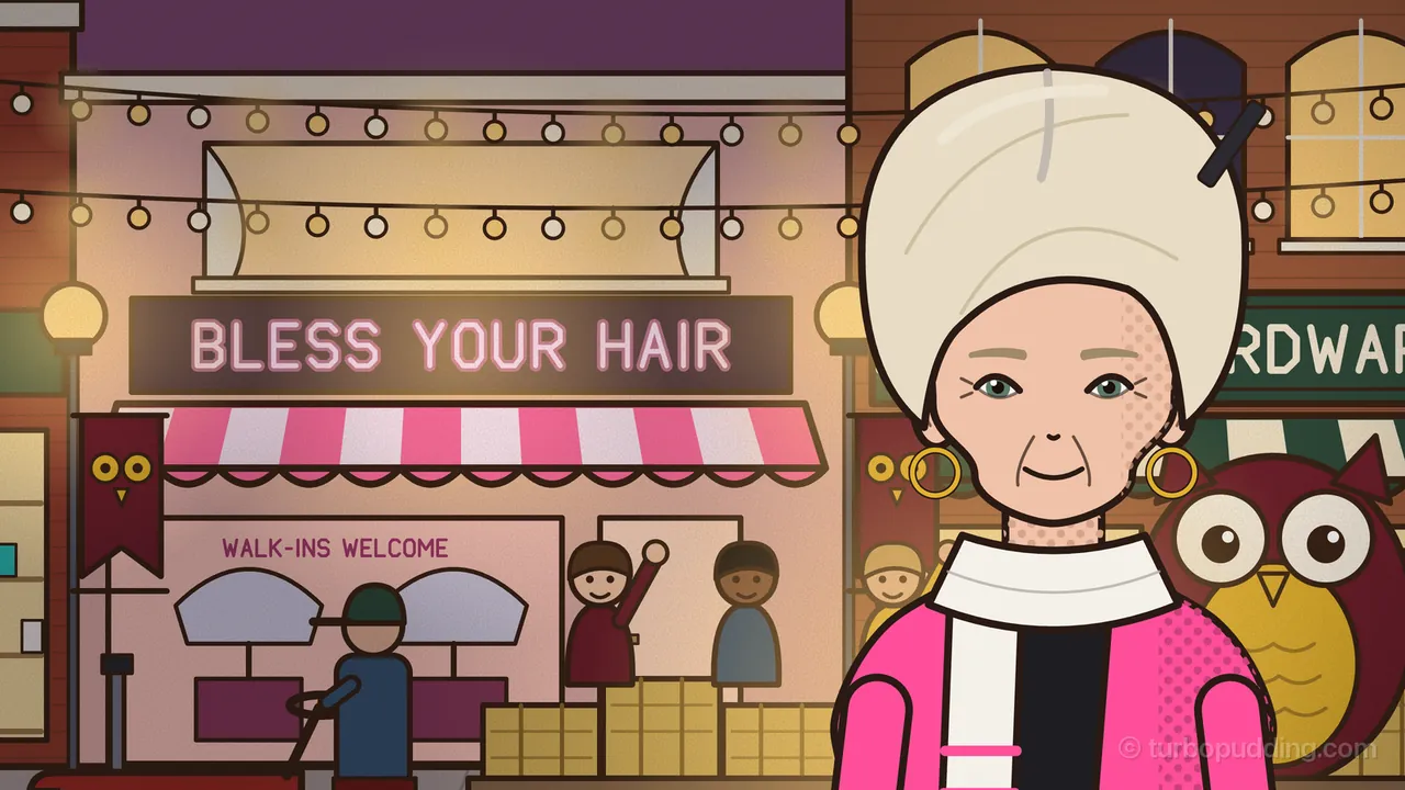 Brenda Kowalski, juror two, in front of her salon at dusk on homecoming Thursday: a tall pale cream bouffant with a black rat-tail comb stuck in its side and a thin gray line of roots at the part, gold hoop earrings, a pink cardigan and a cream scarf; behind her, string lights, the neon sign BLESS YOUR HAIR over a pink and white striped awning, two hood dryers in a window marked WALK-INS WELCOME, children waving from a parade float and a big owl mascot by the hardware store next door