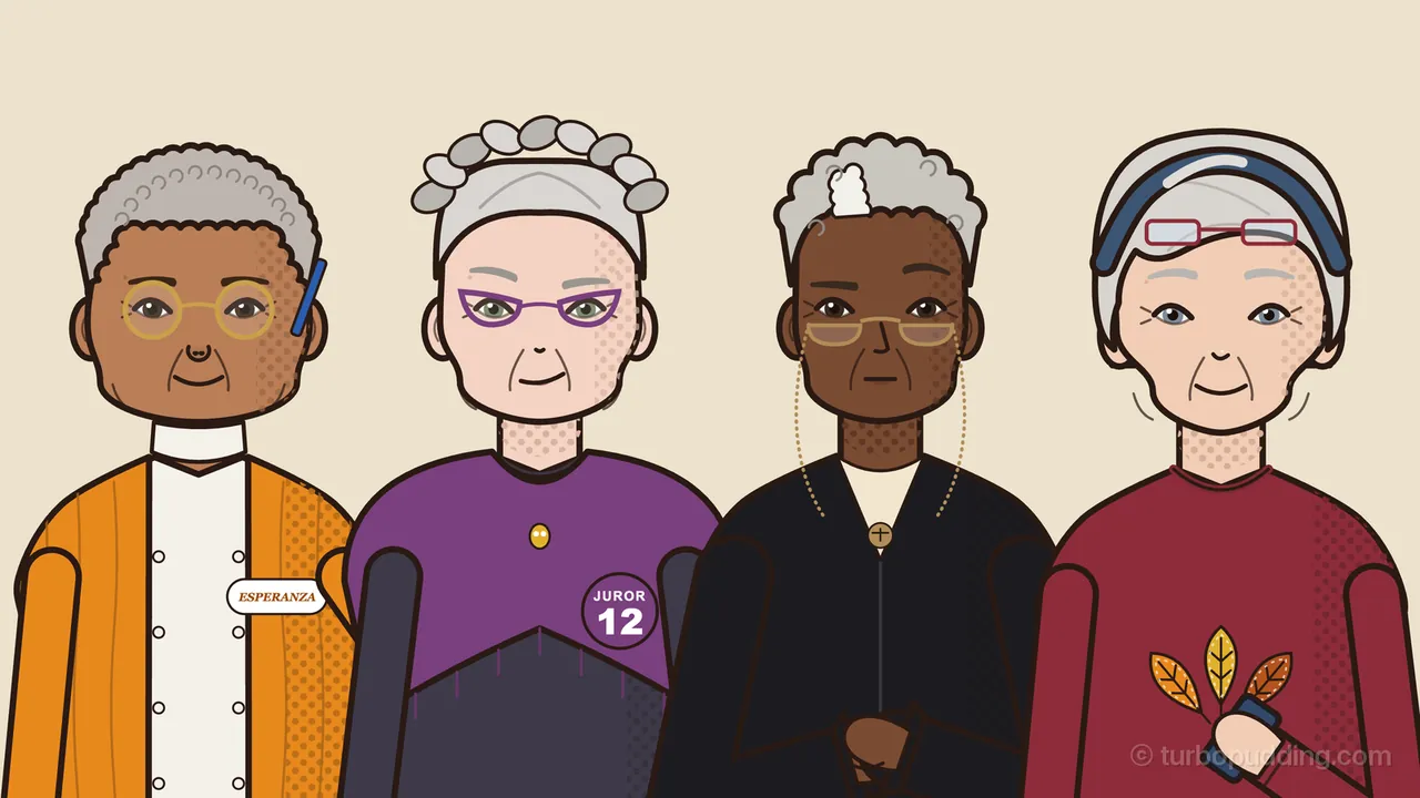 Four older women of Harrow side by side on plain cream paper, shown from the chest up: Esperanza in big round gold glasses and chef’s whites under an orange cardigan with an ESPERANZA name patch, her short gray perm drawn with little curl loops and a blue pen behind her ear; Patty in purple cat-eye glasses and a purple top with a JUROR 12 sticker, a silver braid pinned around her head like a crown; Judge Whitlock in her black robe, half-moon glasses on a thin chain, a cloud of silver coils with a white streak over her forehead; and Grandma Dot in a cranberry sweatshirt with autumn leaves on it, a smooth silver cap of hair under a navy headband with red reading glasses resting on top, a phone in her hand