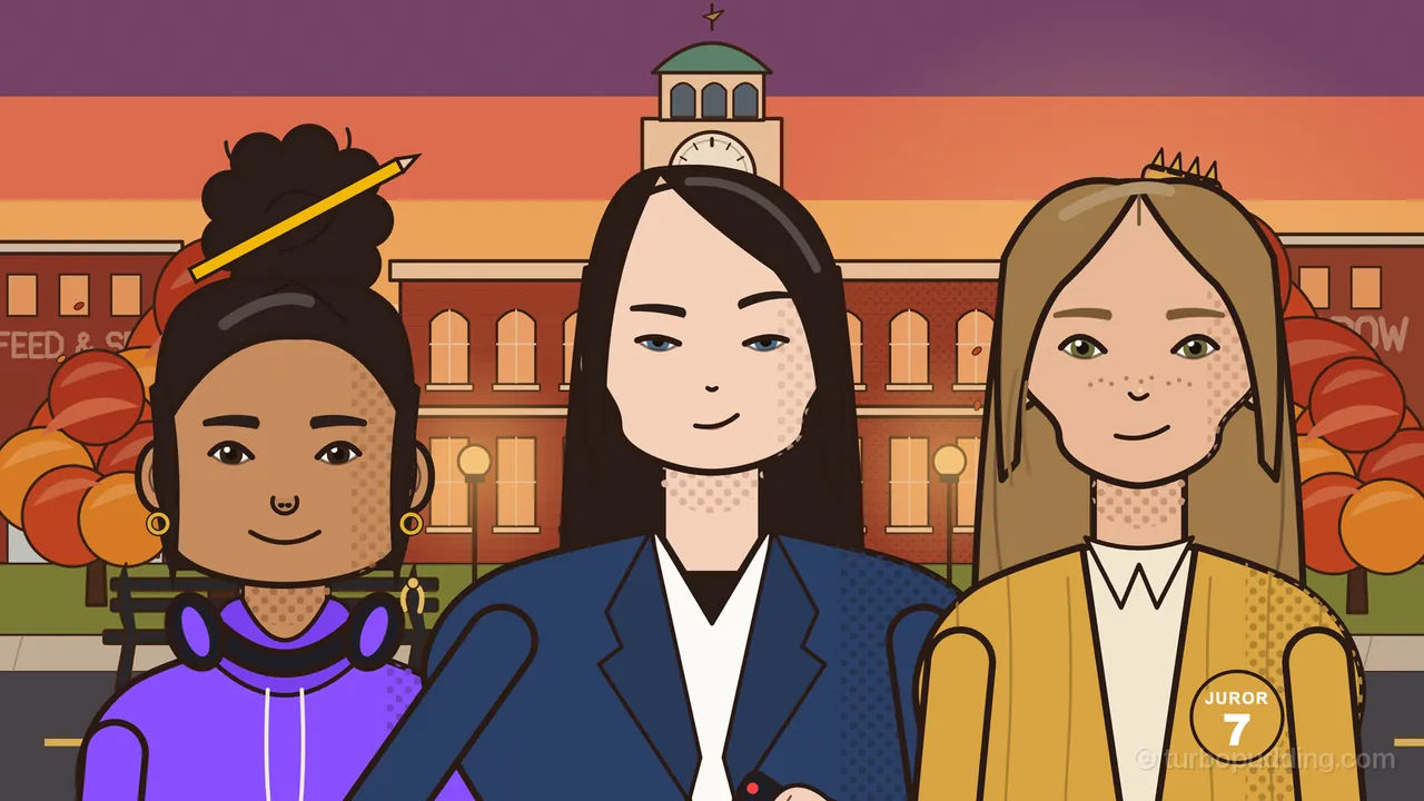 Three women from the chest up on the courthouse square at sunset, red-brick buildings, the clock tower and orange autumn trees behind them: Paloma in a purple hoodie with headphones around her neck, her dark hair in a high messy bun with a yellow pencil stuck through it and two loose strands by her face; Brittany Shaw in a navy blazer over a white top, long sleek black hair with a deep side part; and the heroine in a mustard cardigan with a JUROR 7 sticker, light brown hair to her shoulders with a middle part and curtain bangs, the teeth of a mustard claw clip peeking over the top of her head