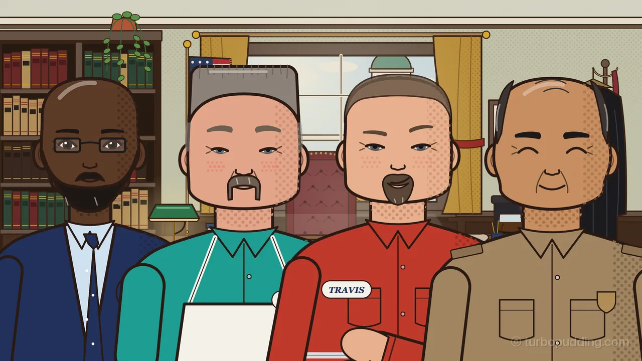 Four men from the chest up in the judge’s chambers, with shelves of law books, a green desk lamp, a tall window and a black robe on a coat stand behind them: Marcus in a navy suit, tie and glasses, his shaved head with a single white shine and a short dark beard; Russ in a teal shirt and a white apron, a gray flat-top with nearly shaved sides and a horseshoe mustache; Travis in a red work shirt with a TRAVIS name patch, a short buzz cut and a dark goatee, smirking; and Ray in a tan uniform shirt with a badge, smiling with his eyes shut, bald on top with a dark horseshoe of hair going gray at the sides