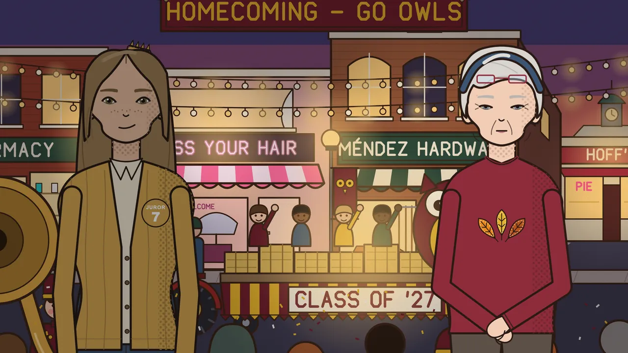 A closer view of Main Street during the homecoming parade, where Juror Seven, with long light brown hair, freckles and a mustard cardigan with a Juror 7 badge, smiles on the left, and Grandma Dot, an old woman with short white hair, a blue headband, red glasses pushed up on her head and a dark red sweater with three autumn leaves on it, stands on the right with her hands folded and a dry look, the Bless Your Hair salon, Méndez Hardware, a class float with waving kids and a big owl and a lit HOMECOMING – GO OWLS banner behind them