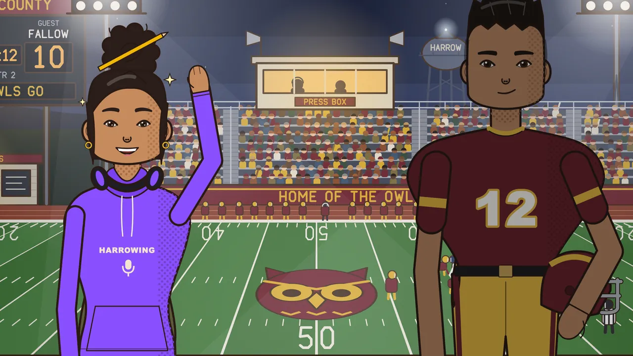 Friday night football under the stadium lights: Paloma, a girl with a high bun of curls and a yellow pencil stuck through it, in a purple HARROWING hoodie with headphones around her neck, grins and waves one arm high, and beside her stands Mateo, her brother, in a dark red jersey with a big number 12, holding his helmet under his arm, in front of a green field with an owl painted at the 50-yard line, packed stands, a lit press box, a scoreboard showing the guest team Fallow and a HARROW water tower in the night sky