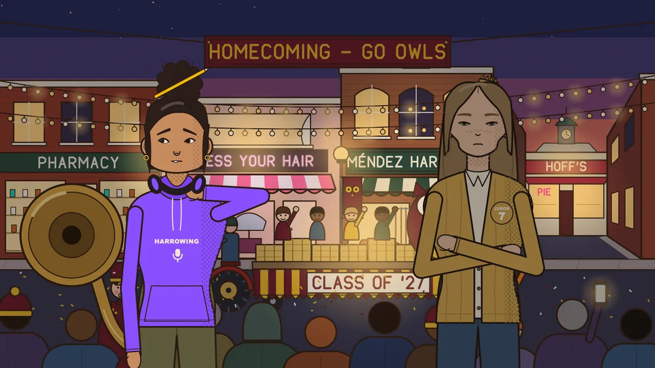 Main Street at dusk during the homecoming parade, under a banner reading HOMECOMING – GO OWLS and strings of glowing bulbs, where Paloma, a girl with a high bun of curls and a yellow pencil stuck through it, wearing a purple HARROWING hoodie with a microphone on it and headphones around her neck, rubs the back of her neck with a guilty look, while Juror Seven, with long light brown hair, freckles and a mustard cardigan with a round Juror 7 badge, stands beside her with her arms crossed, in front of a class float with waving kids and a CLASS OF ’27 sign, the Pharmacy, the Bless Your Hair salon, Méndez Hardware and Hoff’s with PIE in the window behind them, and the brass bell of a tuba at the left edge