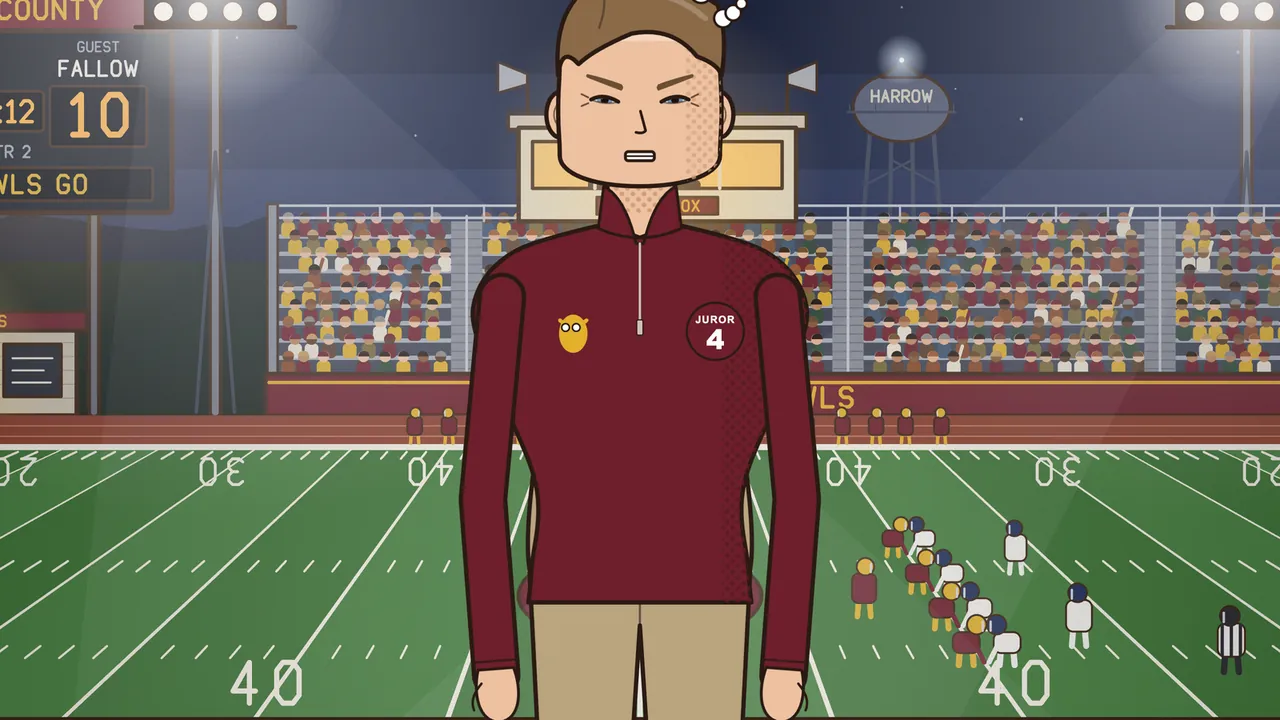 Coach Gentry, a man with short light brown hair, in a dark red zip-up sweater with a little yellow owl on the chest and a Juror 4 badge, stands on the sideline glaring with gritted teeth and a puff of steam over his head, in front of a green football field with players lined up at the 40-yard line, packed stands with a lit press box, a scoreboard showing the guest team Fallow, light towers and a HARROW water tower against the night sky