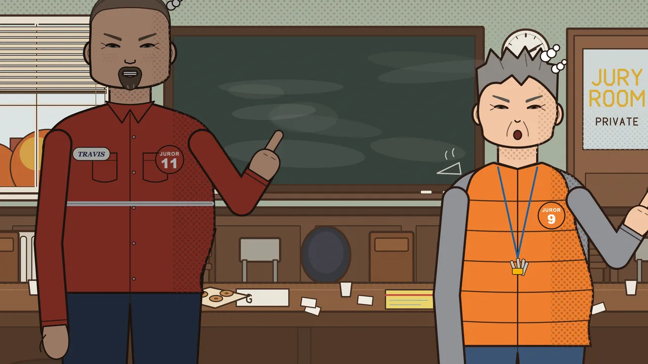The jury room with a green chalkboard, a wall clock and a door marked JURY ROOM PRIVATE, where Travis, a big bearded man in a red work shirt with a name patch and a Juror 11 badge, frowns and points a finger up, while Tammy, a gray-haired woman in an orange puffer vest over a gray sweater with a Juror 9 badge and a lanyard, frowns back at him with her mouth open, little puffs of steam over both their heads, and a box of donuts and paper cups on the long table behind them