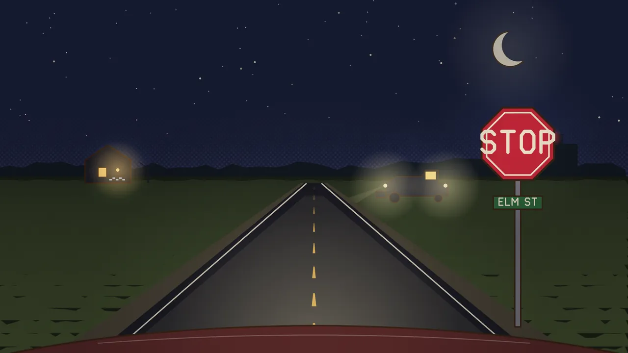 A county road at night seen over the dark red hood of a car, the headlights lighting the asphalt and its yellow center dashes as it runs straight to the horizon through dark fields, a red stop sign with a green Elm St sign on the right, a small house with a lit window and a porch light far off on the left, a combine with two glowing headlights and a lit cab out in the field on the right, and a thin crescent moon in a starry sky