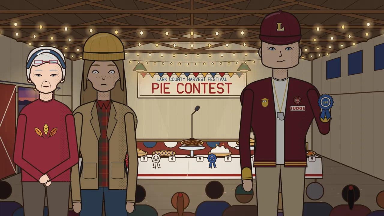 Inside a wooden fairgrounds pavilion strung with warm glowing bulbs, three people stand in front of a long table of numbered pies under a banner reading Lark County Harvest Festival Pie Contest: on the left Grandma Dot, a small elderly woman with white hair, reading glasses pushed up on her head and a red sweater with three autumn leaves, looks unimpressed; next to her stands Juror Seven, a young woman with long brown hair, a mustard knit beanie, a tweed jacket and a plaid shirt; on the right Coach Gentry, in a maroon cap with a gold L and a maroon jacket with a JUDGE tag and a whistle, smiles and holds up a blue first-place rosette, with the backs of the crowd’s heads along the bottom