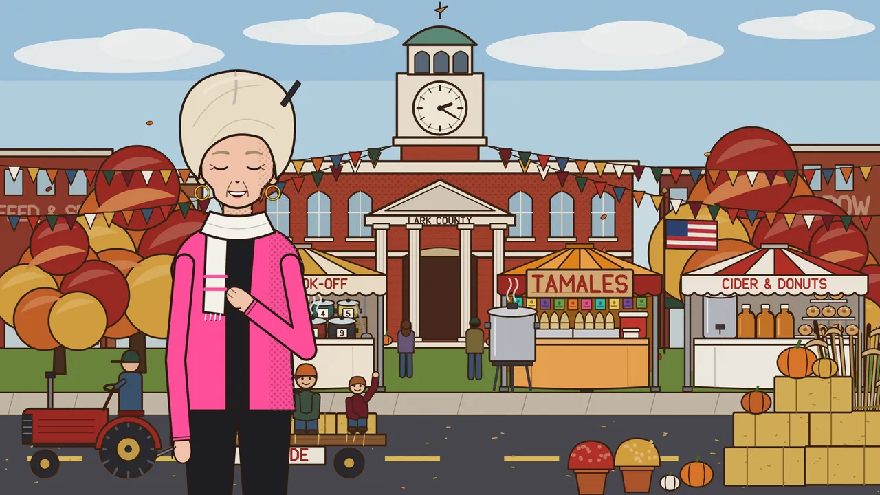 Brenda Kowalski, an older woman with a tall cream-colored beehive held by a hairpin, gold hoop earrings, a white scarf and a bright pink cardigan, smiles with her eyes closed and a hand on her chest on the festival square, in front of the red-brick Lark County courthouse and its white clock tower hung with colorful bunting; behind her stand the chili cook-off stand, a striped tent with a big TAMALES sign and a steaming pot, the cider and donuts stand, an American flag, red and gold autumn trees, a red tractor pulling children on a hay wagon, stacked hay bales, pumpkins and two pots of mums