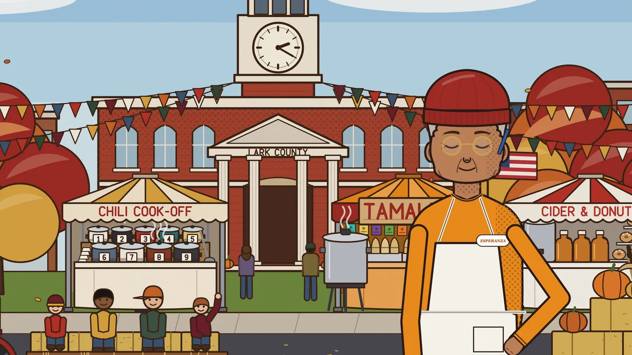 Esperanza, a small elderly woman with round gold glasses, a red knit cap, an orange top and a white apron with a name badge reading ESPERANZA, smiles with her eyes closed and one hand on her hip in front of the tamales tent, where a big steaming pot stands on a stand; behind her rise the Lark County courthouse and its clock tower under bunting, with the chili cook-off stand and its nine numbered pots on the left, children sitting on hay bales on the hayride wagon in front of it, and the cider and donuts stand with pumpkins on the right