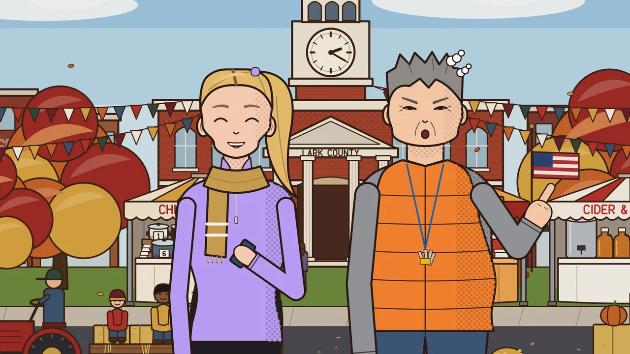 Two neighbors stand side by side on the festival square in front of the red-brick Lark County courthouse and its white clock tower, under strings of colorful bunting: on the left Kaylee, a young woman with a blond ponytail and a purple hair tie, a lilac top and a mustard scarf, laughs with her eyes squeezed shut and a phone in her hand; on the right Tammy, an older woman with short spiky gray hair, an orange puffer vest and a whistle on a blue lanyard, frowns and points one finger up; behind them are the edge of the chili cook-off stand with numbered pots, the cider and donuts stand, an American flag and red and gold autumn trees