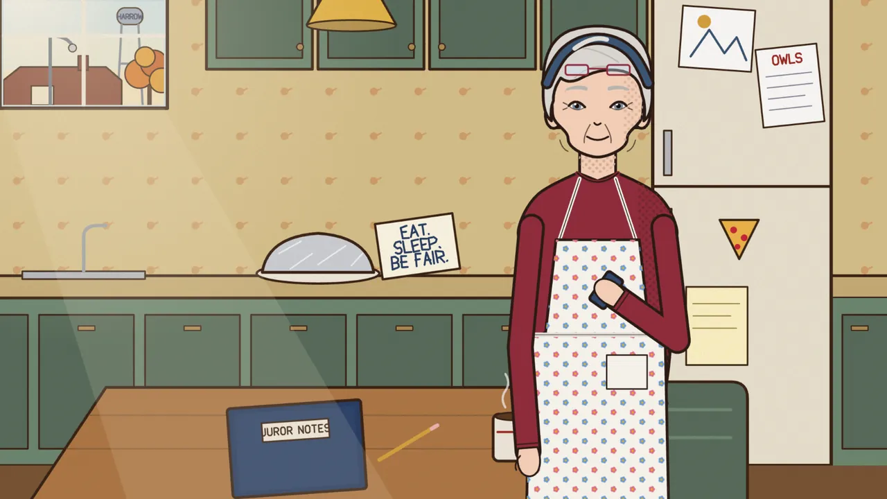 Grandma Dot, a smiling older woman with short silver hair, a navy headband and pink reading glasses pushed up on top of her head, stands in her kitchen in a dark red sweater and a white apron with little blue and pink flowers, holding a mug, beside a fridge with a drawing, an OWLS flyer and a pizza magnet, while a covered plate and a card reading EAT. SLEEP. BE FAIR. sit on the green counter, a blue folder labeled JUROR NOTES lies on the wooden table with a pencil, and the window shows the Harrow water tower