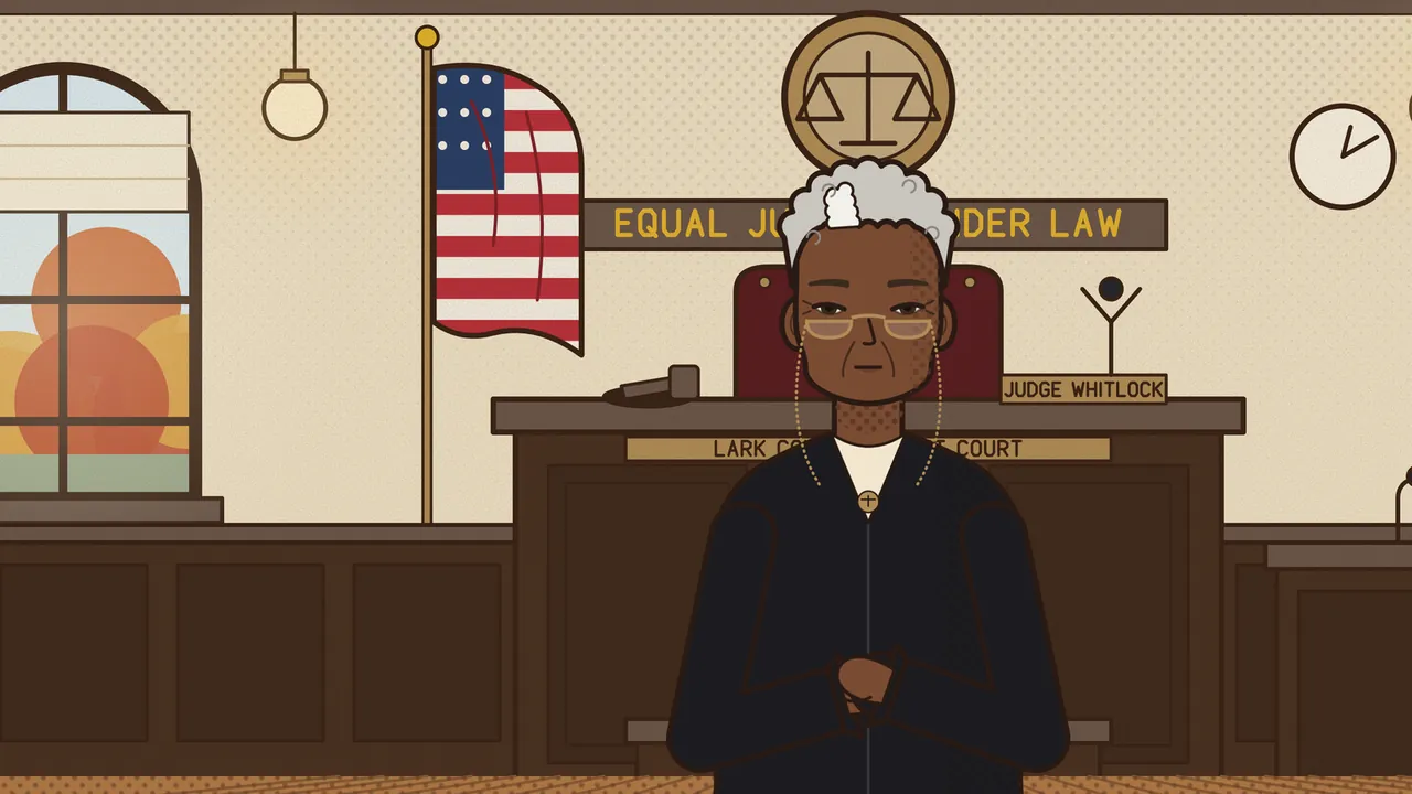 Judge Whitlock, an older woman with short curly silver hair and gold glasses on a beaded chain, stands in a black robe in front of her bench with her hands folded, under a round brass seal with the scales of justice, with the American flag, the sign EQUAL JUSTICE UNDER LAW, a gavel, a nameplate reading JUDGE WHITLOCK and an arched window of orange autumn trees around her