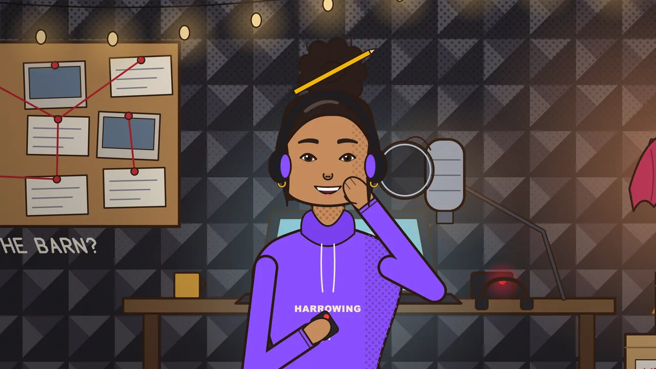 Paloma Méndez in her basement podcast studio: she grins and rests her cheek on her fist, wearing a purple HARROWING hoodie, purple headphones and a pencil stuck through her curly bun, with a small black gadget with a red light in her other hand, a corkboard of photos and notes joined by red string on the left above part of a chalk question about the barn, a studio microphone, a mustard mug and a red-lit box on the desk, dark foam on the walls and string lights glowing overhead