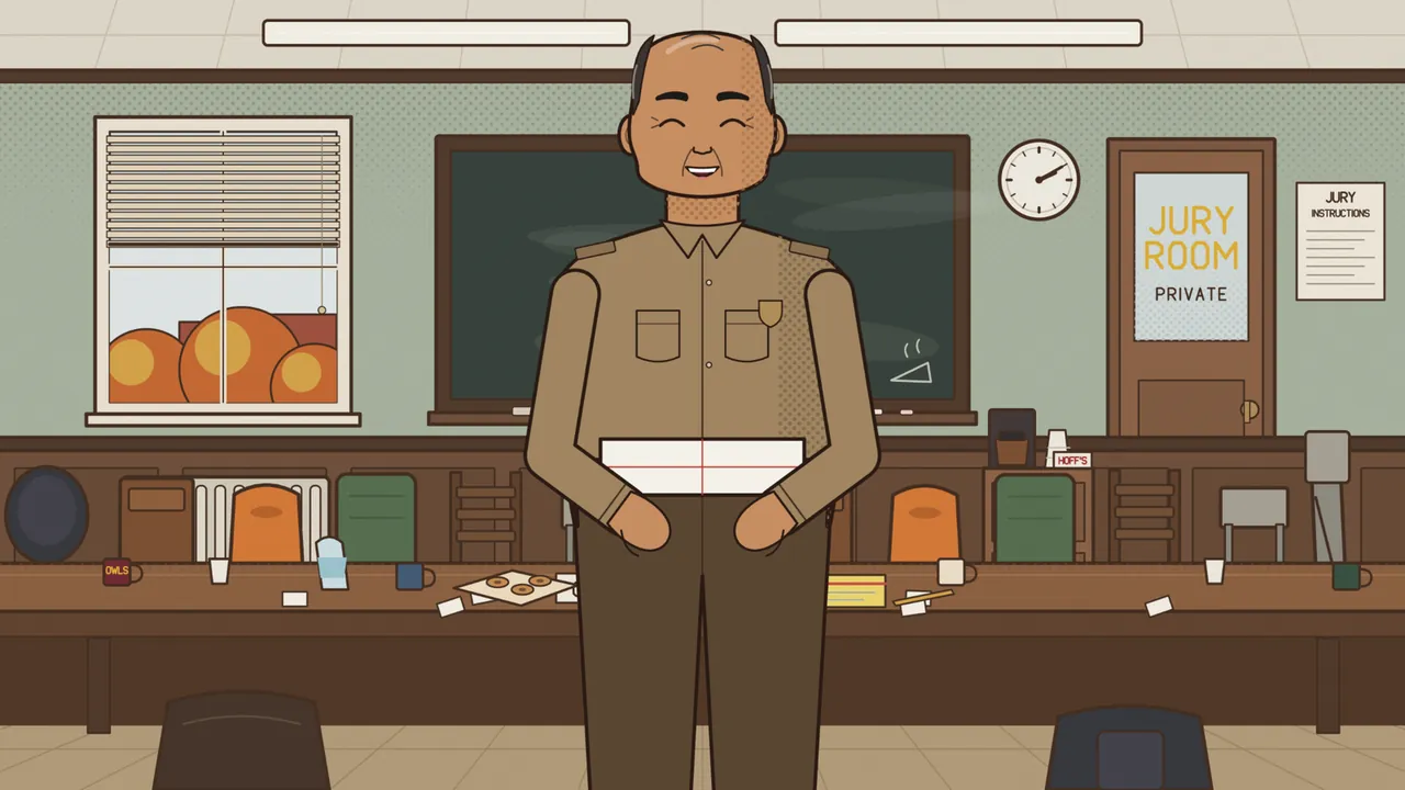 Ray the bailiff, a bald man with a fringe of dark hair and a wide closed-eye smile, stands in the jury room in a khaki uniform shirt with a gold badge, holding a flat white box in front of him, with a long wooden table behind him covered in mugs, paper cups and a plate of donuts, mismatched chairs, a green chalkboard, a wall clock, a door marked JURY ROOM PRIVATE and a window with orange autumn trees