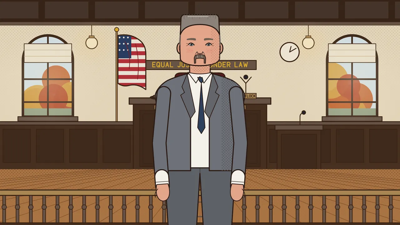Russ Hoffman, a broad man with a gray flat-top, a gray mustache and blue eyes, stands in the middle of the courtroom in a gray suit with a navy tie, his white shirt cuffs showing below sleeves that are too short and his hands hanging at his sides, with the wooden railing of the gallery in front of him and the judge’s bench, the American flag, a sign reading EQUAL JUSTICE UNDER LAW and two arched windows full of orange autumn trees behind him