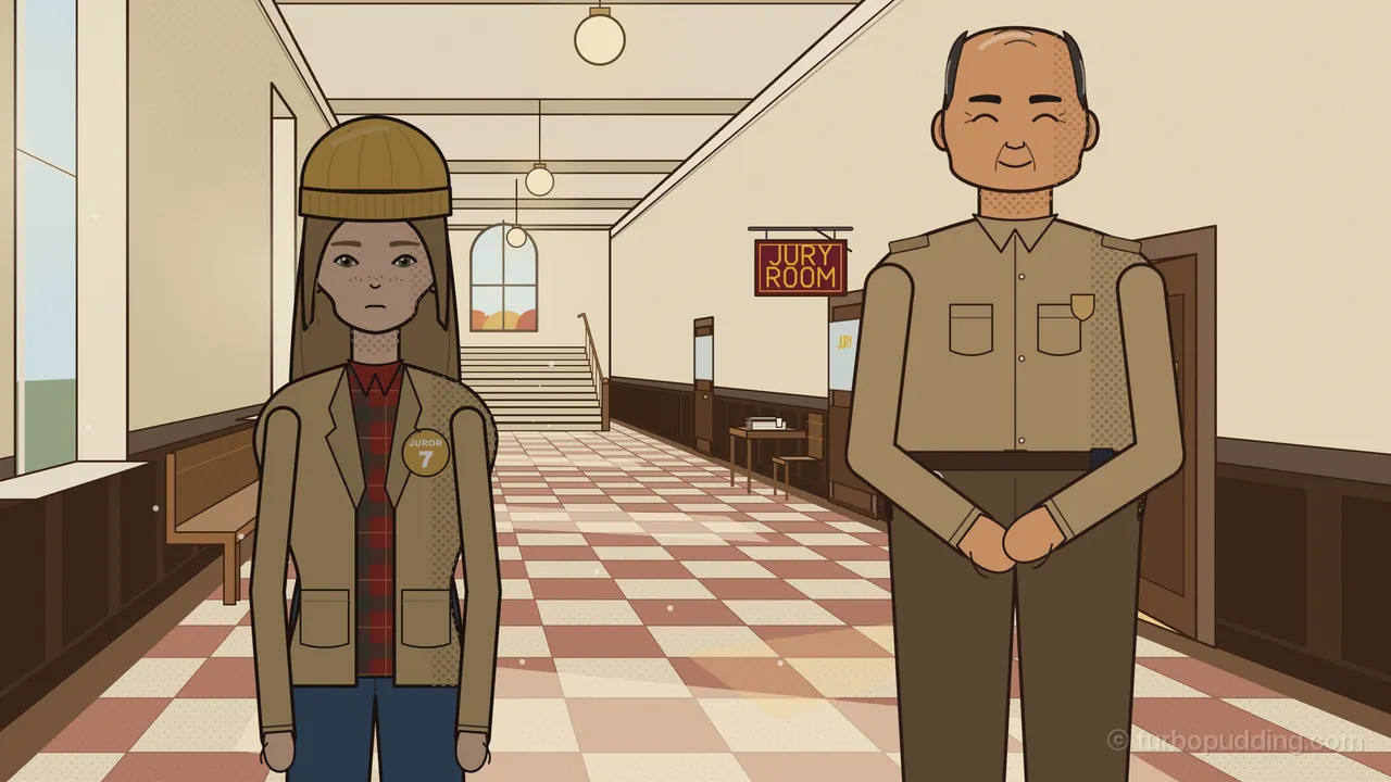 A long courthouse hallway with a red and cream checkered floor, wood paneling, globe lights hanging from the ceiling and a staircase at the far end under an arched window with autumn trees: on the right, Ray the bailiff, a balding older man with gray hair on the sides, in a tan uniform shirt with a gold badge and brown trousers, smiles with his eyes closed and his hands folded in front of him, next to a doorway under a hanging red sign reading JURY ROOM; on the left, Juror Seven, with long light brown hair under a mustard knit hat, an olive coat over a red plaid shirt and a round Juror 7 badge, stands quietly a little in shadow, beside a wooden bench and tall windows, and a small table with a stack of papers sits by a door down the hall