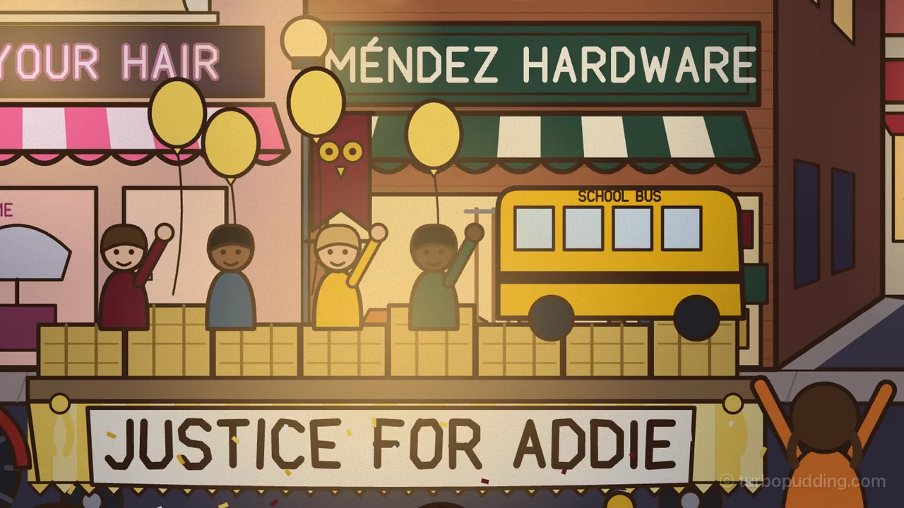 A close-up of the homecoming parade on Main Street at night, in warm golden light: four kids in red, blue, yellow and green stand on a float made of hay bales, each waving one arm high, with yellow balloons on strings floating above them and a yellow school bus with SCHOOL BUS written over its windows right behind them, while a long white banner hand-painted in big dark letters, JUSTICE FOR ADDIE, runs along the front of the float above a scatter of confetti; behind them are the pink-and-white striped awning of the Bless Your Hair salon, a dark red OWLS banner with a pair of owl eyes, and the green sign and striped awning of Méndez Hardware, and on the right a spectator seen from behind throws both arms up to cheer