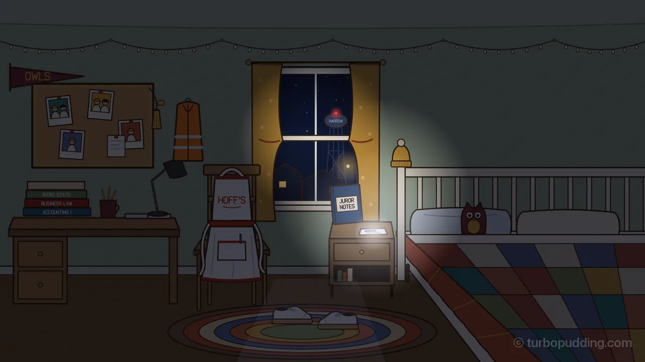 Juror Seven’s bedroom at night, lit mostly by the glow of a phone: on the left a wooden desk with three stacked textbooks labeled Intro Stats, Business Law and Accounting I, a red mug of pencils and a black desk lamp, under a corkboard with four pinned photos and a note and a maroon OWLS pennant; in the middle a wooden chair with a white Hoff’s apron hung over it, an orange vest on a hanger and a window with mustard curtains looking out at a starry sky, dark rooftops and the HARROW water tower with a red light on top; on the right a nightstand with a blue notebook labeled JUROR NOTES and a glowing phone, a white metal bed with a patchwork quilt, a small dark red owl plush against the pillows and a mustard knit hat on the bedpost, and a pair of slippers on a round striped rug in the middle of the floor