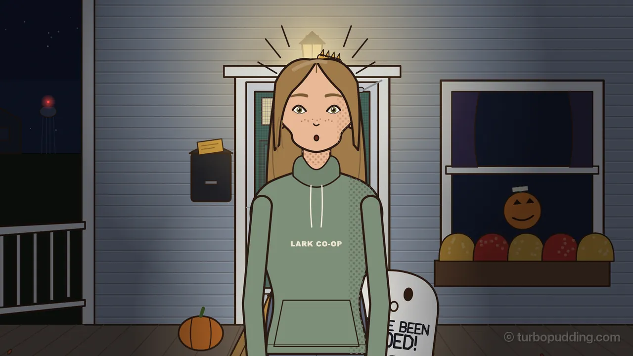 Juror Seven, a young woman with long light brown hair, freckles and wide green eyes, stands on her front porch at night with her mouth in a small surprised O, wearing a sage green hoodie that reads LARK CO-OP, right under a glowing porch light drawn with bright rays; behind her are gray siding, a screen door, a black mailbox, a dark window with a jack-o’-lantern inside and a window box full of red and gold gourds, a small pumpkin on the porch boards, the edge of a white ghost sign reading YOU’VE BEEN BOOED, a porch railing on the left and, far off in the dark, the Harrow water tower with a red light on top