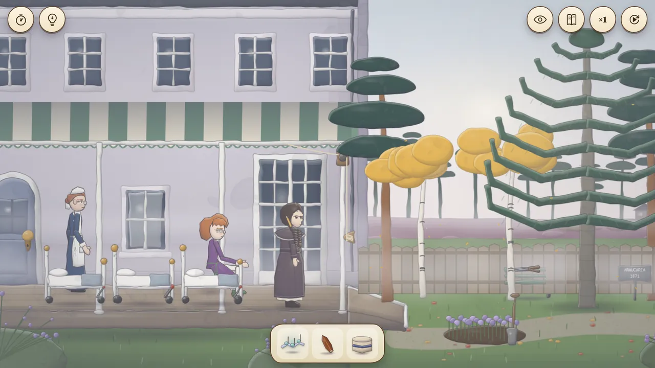 Patients and a nurse in the sunny sanatorium garden under a monkey puzzle tree
