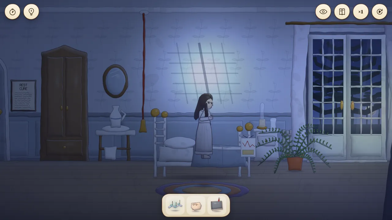 Ward Seven at night, moonlight falling through tall windows onto Daina’s bed