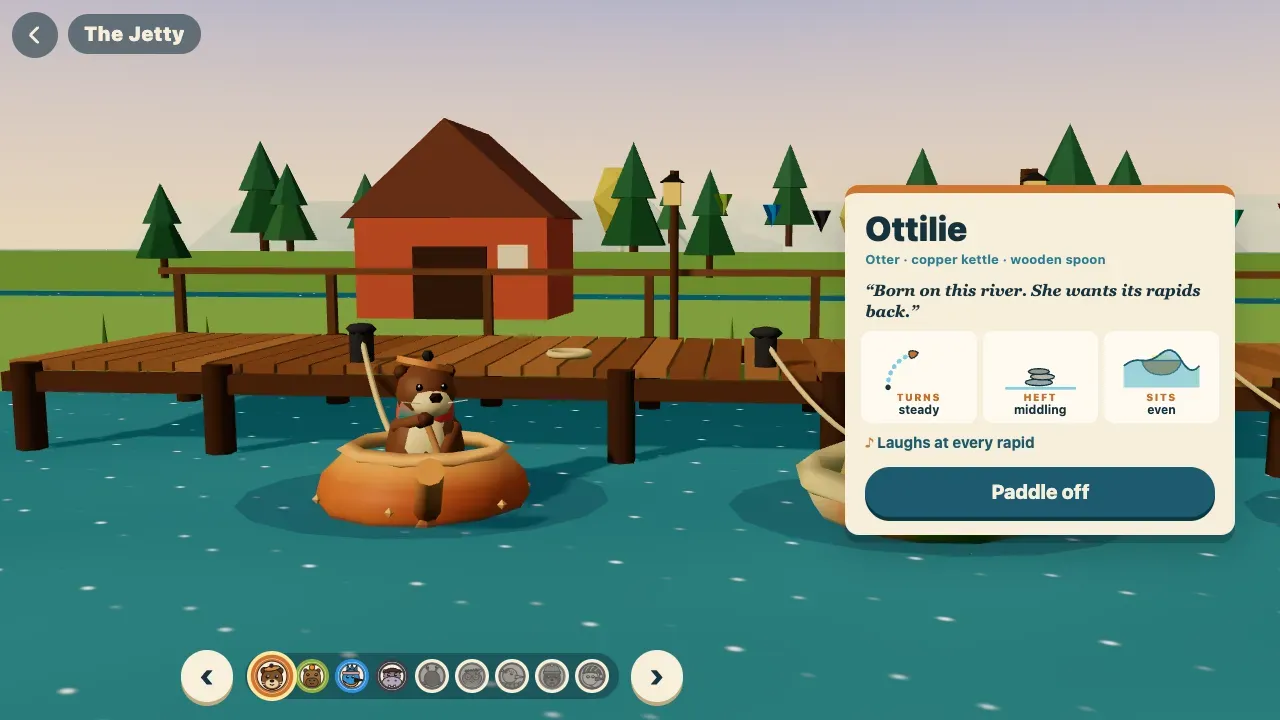 Picking Ottilie the otter and her copper kettle at the jetty, beside a red boathouse