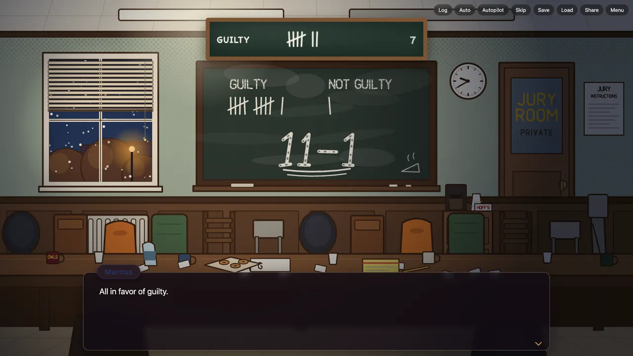 The jury room with a chalkboard tally of eleven guilty votes and one not guilty