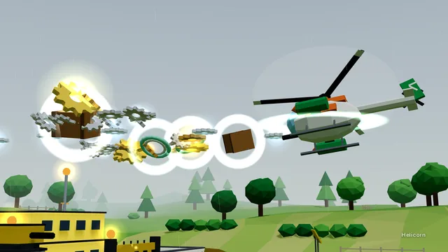 Thistle, a green and white helicopter, fires through the drizzle as a gravel yard bursts into gears.