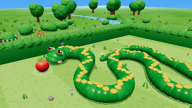 Milo, a long green snake, winds across an orchard meadow toward a red apple.